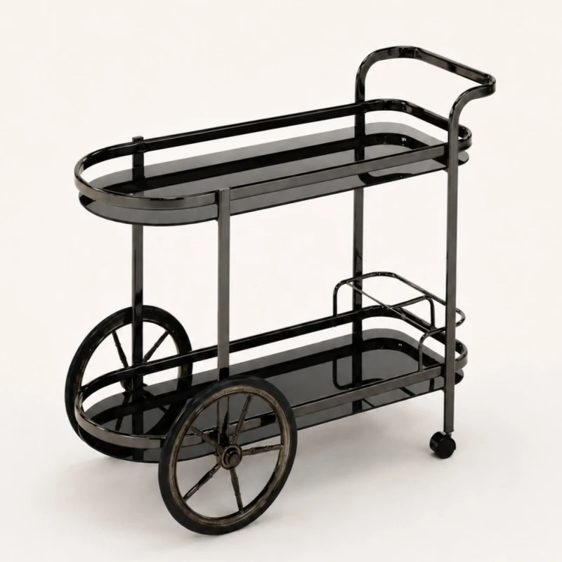 Bar Cart [Single-Handle / Oval Frame/ 2-Tier] (with Wine Rack & Large Wheels)